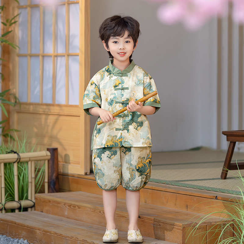 儿童唐装中国风男童汉服古装夏季短袖中式民族演出服宝宝周岁礼服