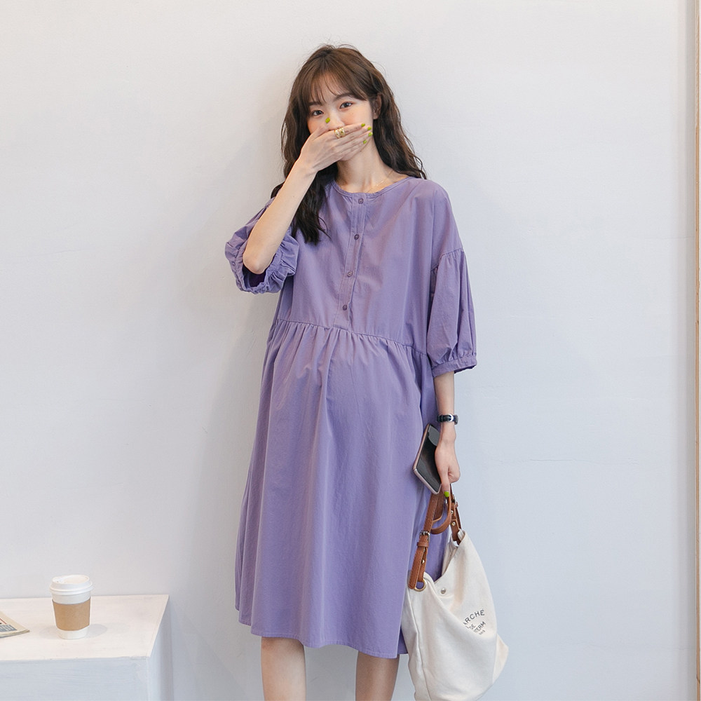 孕妇夏装大码连衣裙新款时尚圆领过膝长裙潮妈外出可哺乳夏天裙子