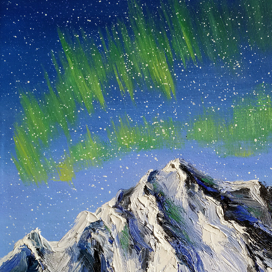 吴小慧《雪山之极光》布面油画