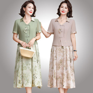妈妈夏装假两件连衣裙40到50多几60岁中老年妇女穿的国风短袖群子