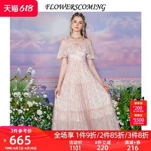 花儿开了2024夏季新款雪纺印花一字肩连衣裙女高腰复古风公主裙子