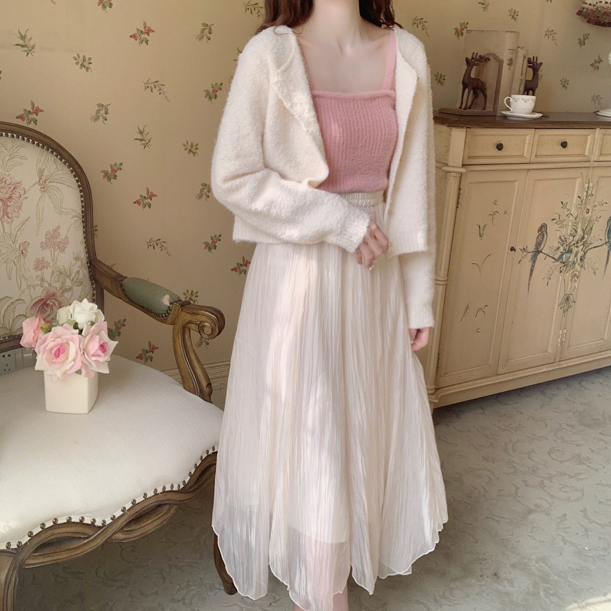 杏色纱裙半身裙