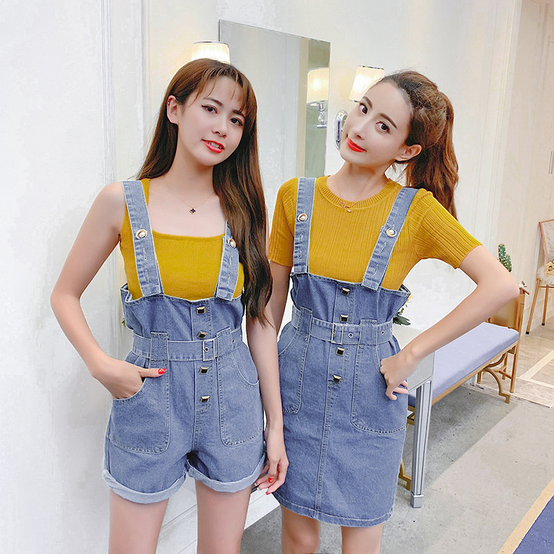 实拍牛仔裤女春款闺蜜装网红牛仔背带裤女韩版宽松高腰连体短裤夏