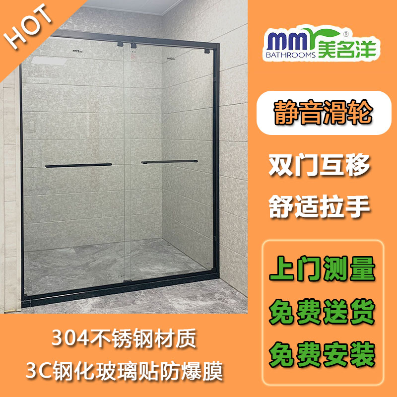 一字型双移门淋浴房定制卫生间干湿分离隔断不锈钢钢化玻璃推拉门