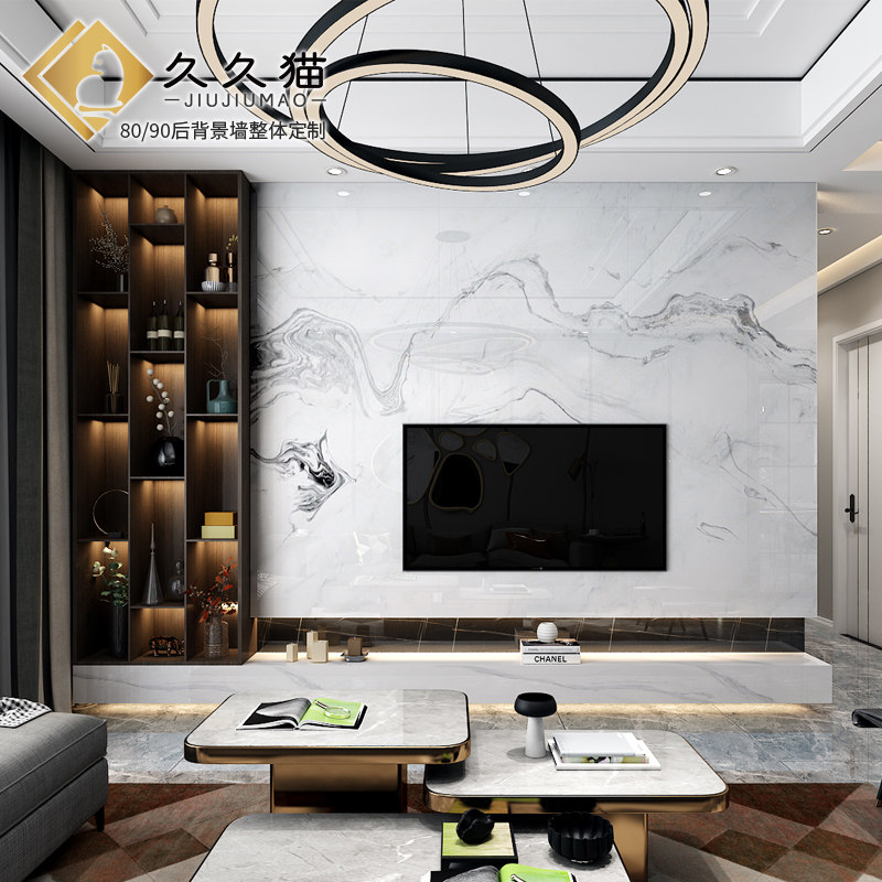 轻奢悬空岩板瓷砖背景墙大理石木柜造型装饰影视墙书柜电视背景墙