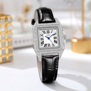 瑞士正品新款方形表盘镶钻女士手表全自动罗马数字黑色皮带石英表