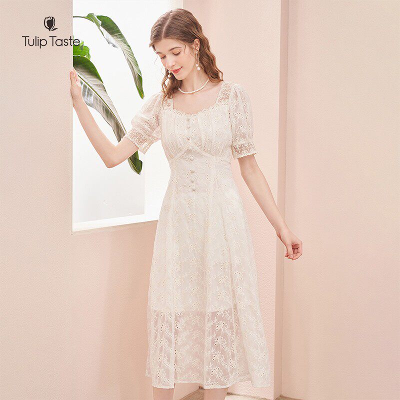 郁香菲灯笼袖蕾丝连衣裙女夏雪纺薄款高级感优雅气质拼接收腰裙子