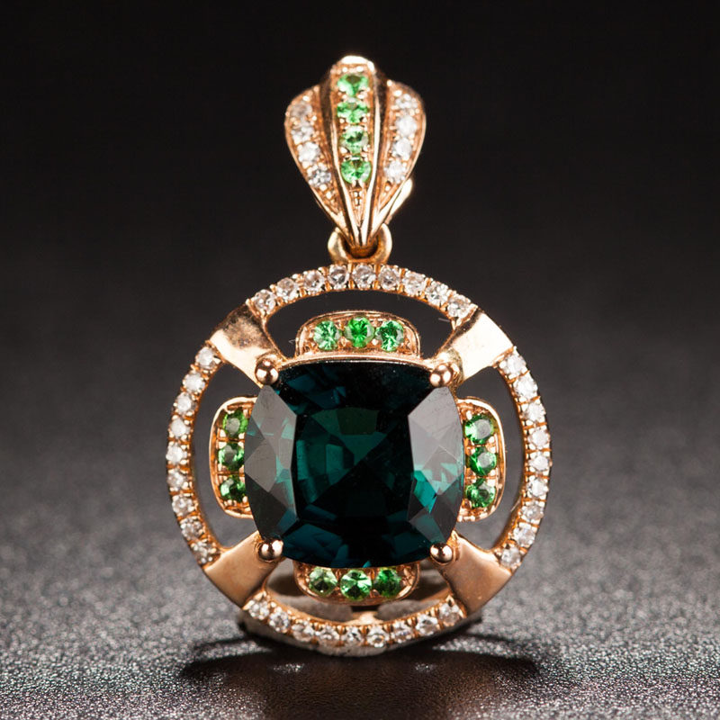 主石2.4克拉 全净体蓝色碧玺吊坠18k金镶44颗钻石 16颗沙弗莱