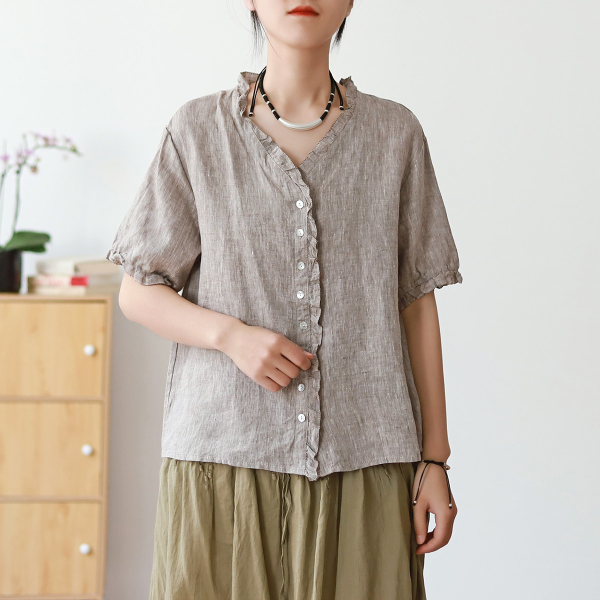 右弦优品棉麻木耳边文艺衬衫女宽松显瘦短袖色织亚麻衬衣夏季