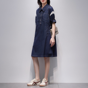 藏青色短袖衬衫裙女2024夏季新款韩版POLO领百搭显瘦中长款连衣裙