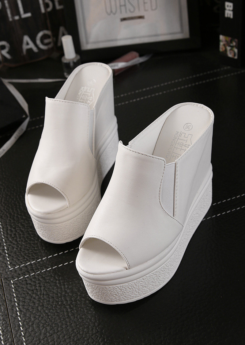 2021新款超高跟厚底拖鞋女夏坡跟鱼嘴松糕凉鞋内增高一字凉拖黑白