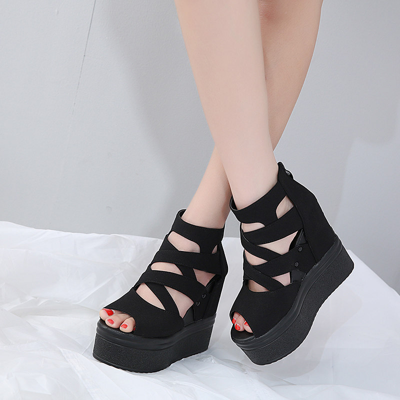 内增高凉鞋女夏13cm新款坡跟鱼嘴镂空凉靴松糕厚底防水台超高跟鞋