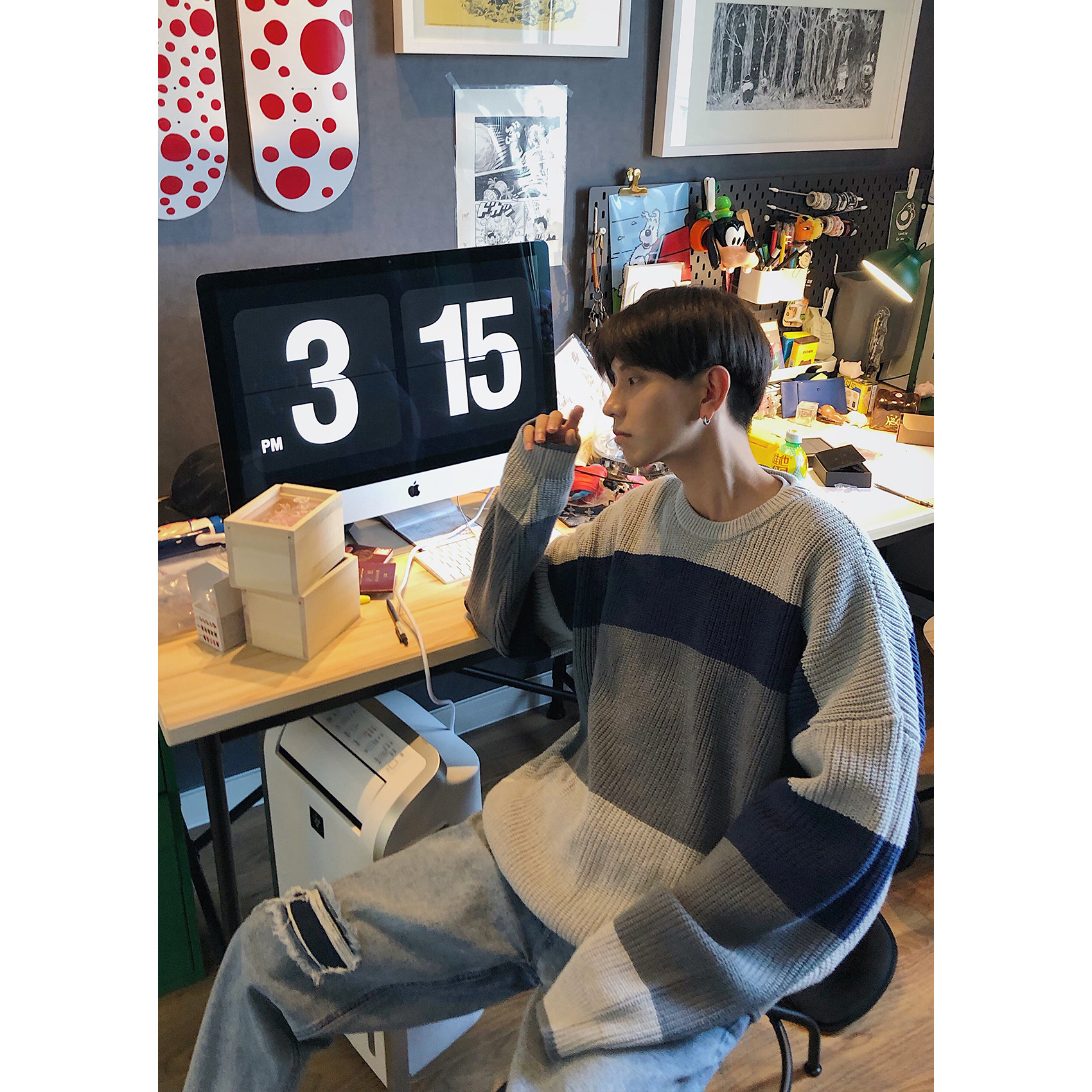 拼色情侣毛衣男冬季厚款圆领韩版宽松潮流慵懒ins港风毛线针织衫