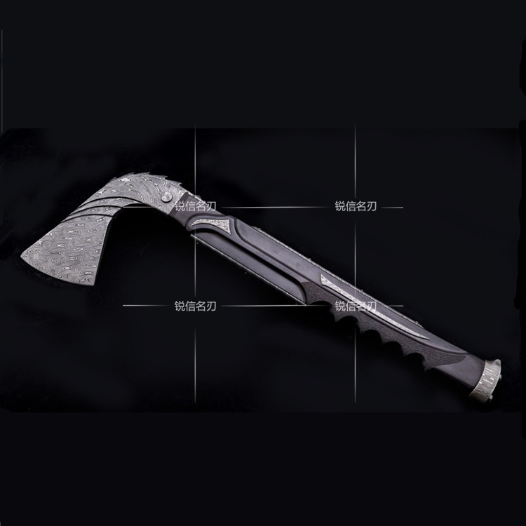 热销维京战斧_瑞典斧手工锻造斧头 雕刻乌木柄大马士革斧维京战斧装饰