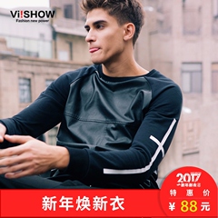 iFashion viishow2016秋装新款卫衣男套头 欧美拼皮卫衣修身潮