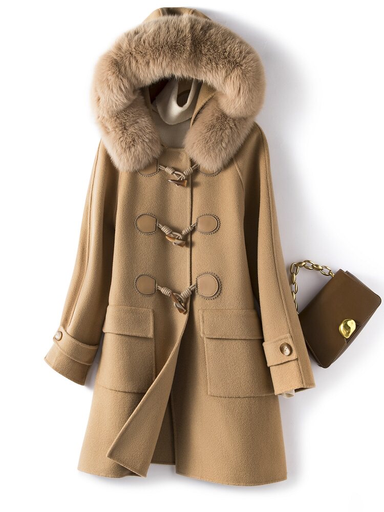 秋冬双面羊绒大衣女中长款驼色牛角扣大毛领学院风新款羊毛呢外套