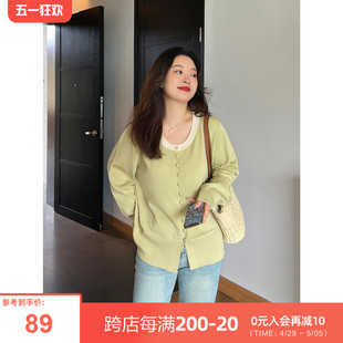 DM100大码百分百微胖mm女装2024春新款打底圆领撞色简约针织开衫