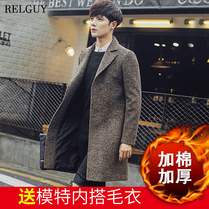 2017鼕季男士風衣中長款毛呢大衣男韓版青年帥氣修身呢子外套加厚