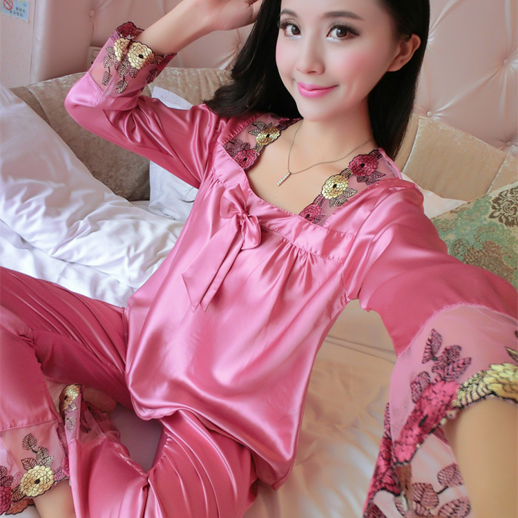 真絲睡衣女夏季長袖襯衫高檔桑蠶絲綢甜美蕾絲女士睡衣家居服套裝在類目 女裝/女士精品, 襯衫中 - 來自Buy2taobao.com提供專業的淘寶代購服務