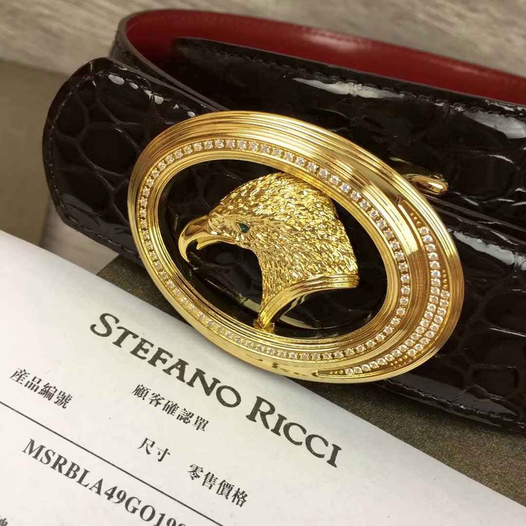 史蒂芬皮带男 新款椭圆镶钻老鹰头男士牛皮鳄鱼纹不锈钢扣腰带3.