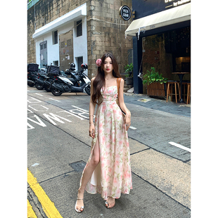 Adan玫瑰吊带裙夏季韩版修身显瘦显白设计感开衩碎花雪纺连衣裙女