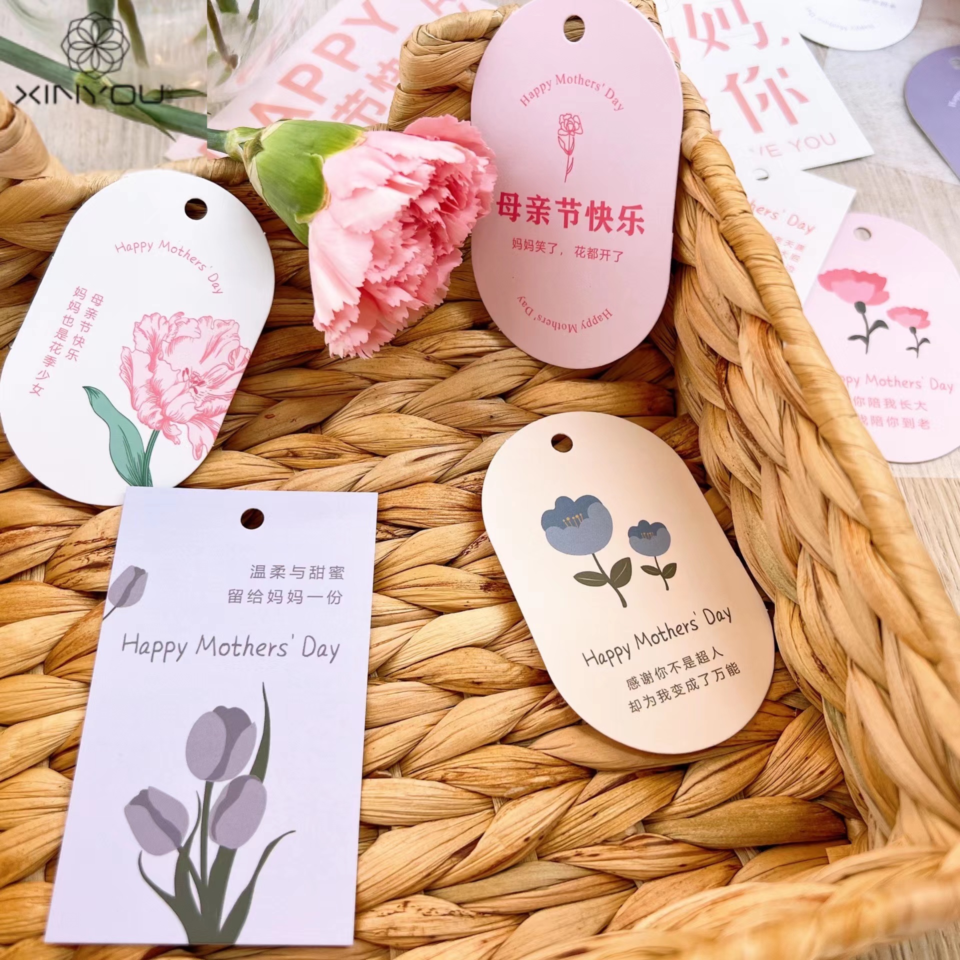 心悠母亲节妈妈节日祝福正方形椭圆贺卡鲜花花束高级感设计款卡片