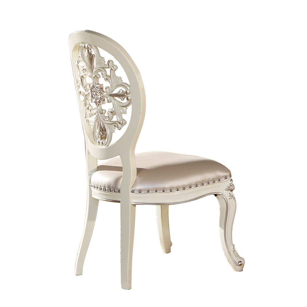 餐椅实木欧式真皮靠背椅子法式雕花书桌椅珠光白烤漆奢华别墅木椅