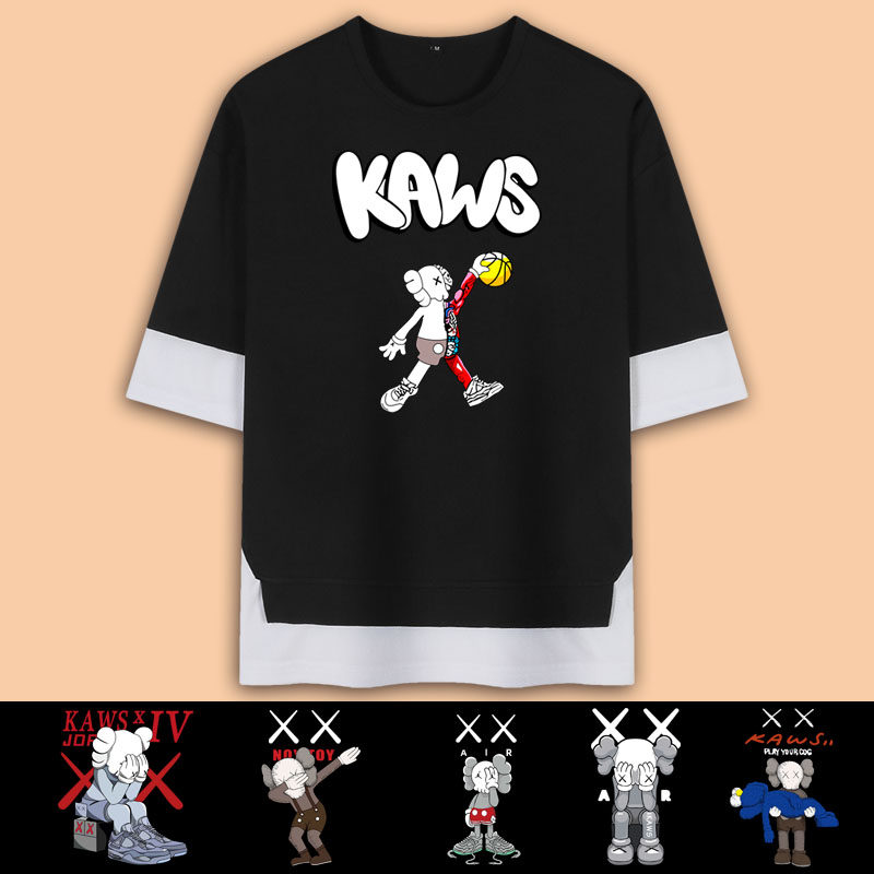 芝麻街kaws公仔同款夏季圆领假两件短袖t恤青少年学生半袖衣服潮