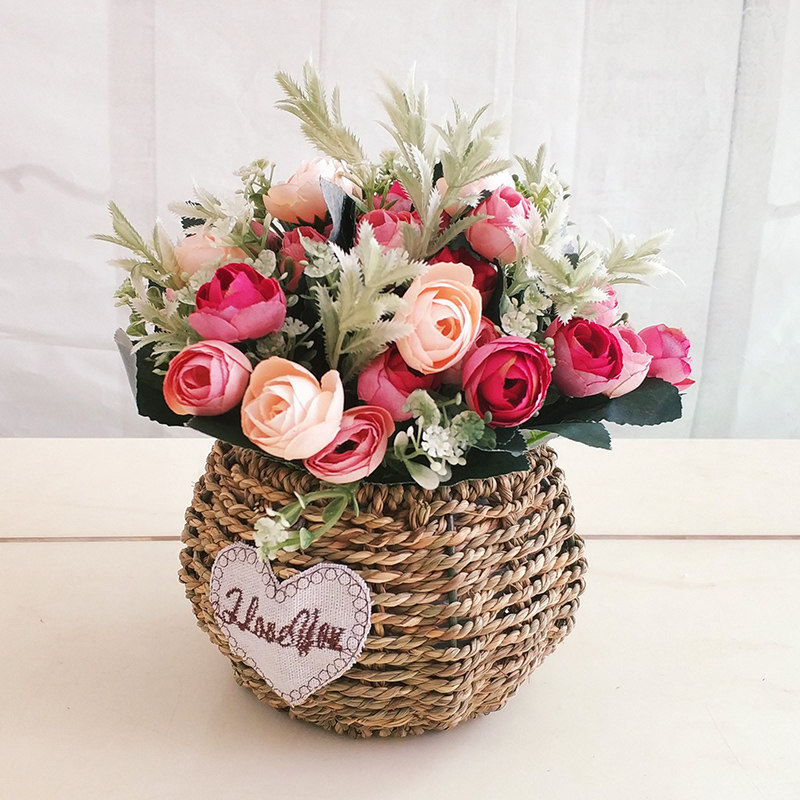 欧式田园草编花篮家居装饰品客厅茶几餐桌插花艺摆件仿真假花摆设