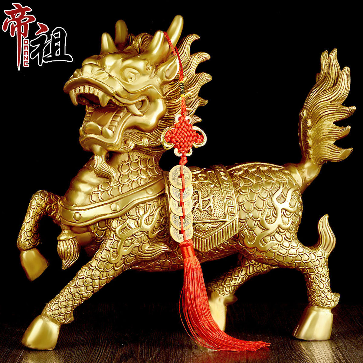 帝祖 纯铜麒麟送子摆件工艺品摆设一对卧室摆件 家居风水装饰摆件