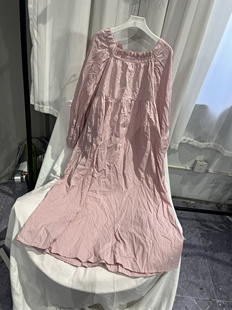H-H-3-3微胖法式水蜜桃裙子方领后绑带长袖显瘦连衣裙