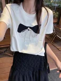 XNX2024夏季新款十三行女装珍珠蝴蝶结短袖T恤设计感小众别致上衣