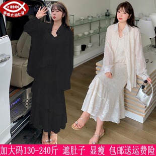 2024春夏新品250斤大码女装210胖mm毛衬衫+遮肚荷叶边吊带连衣裙