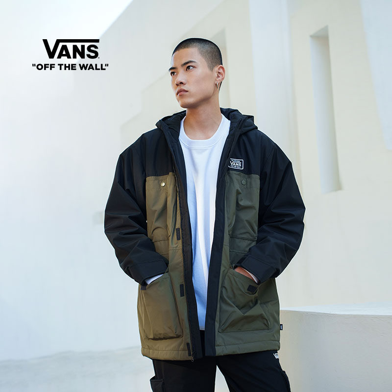 vans范斯官方 男子棉夹克军绿色复古工装个性拼接外套