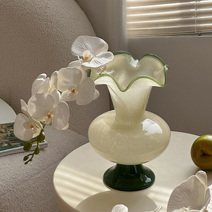 绿色芬顿玻璃花瓶中古法式波浪花边复古文艺风插花客厅装饰摆件