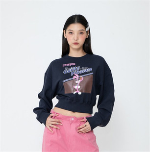 韩代潮牌 Lotsyou可爱兔八哥字母印花粉色圆领短款卫衣少女感上衣