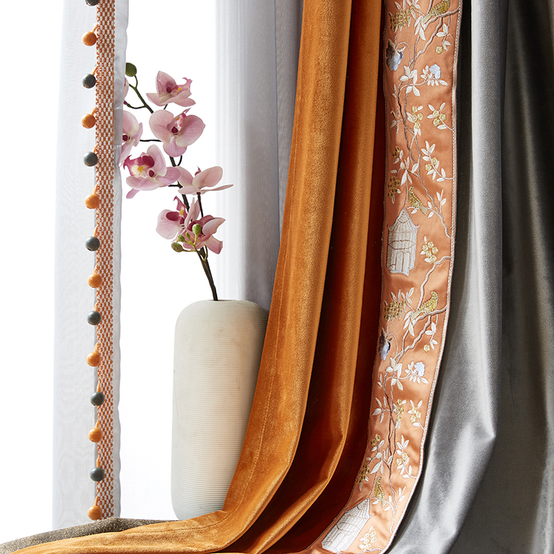 现代新中式窗帘纯色荷兰绒布丝绒拼接花鸟绣花边客厅卧室遮光定制