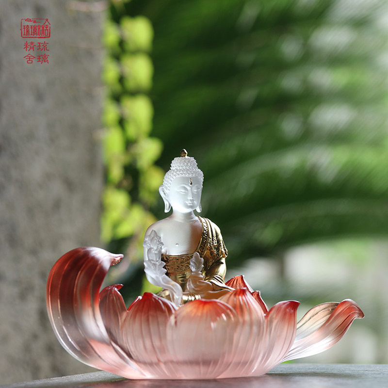 琉璃精舍琉璃摆件 佛像5寸贴金药师佛莲花烛台佛龛莲花座佛供佛座