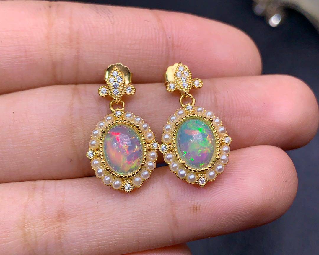 s925银镀黄金镶欧泊耳坠 主石6*8mm特惠小清新欧珀耳钉耳坠