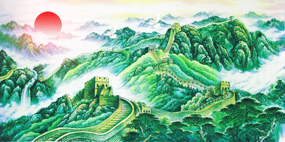 风水挂像招财万里长城客厅背景墙壁纸壁布贴画瓷砖画挂轴画风景已售