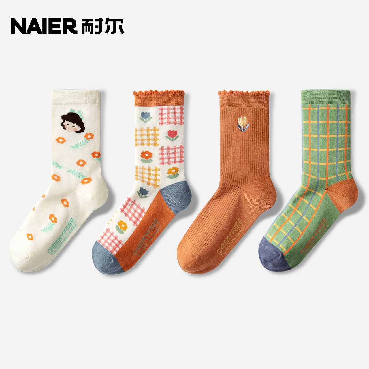 耐尔女士袜子秋冬潮袜中筒袜ins潮袜子卡通可爱日系韩国潮牌长袜