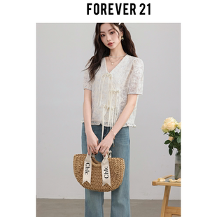 Forever 21【柔情舞曲】新中式衬衫女2024夏季新款甜美蕾丝v领短