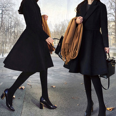 冬季韩国风黑色收腰显瘦裙式中长款毛呢外套气质修身毛呢大衣女