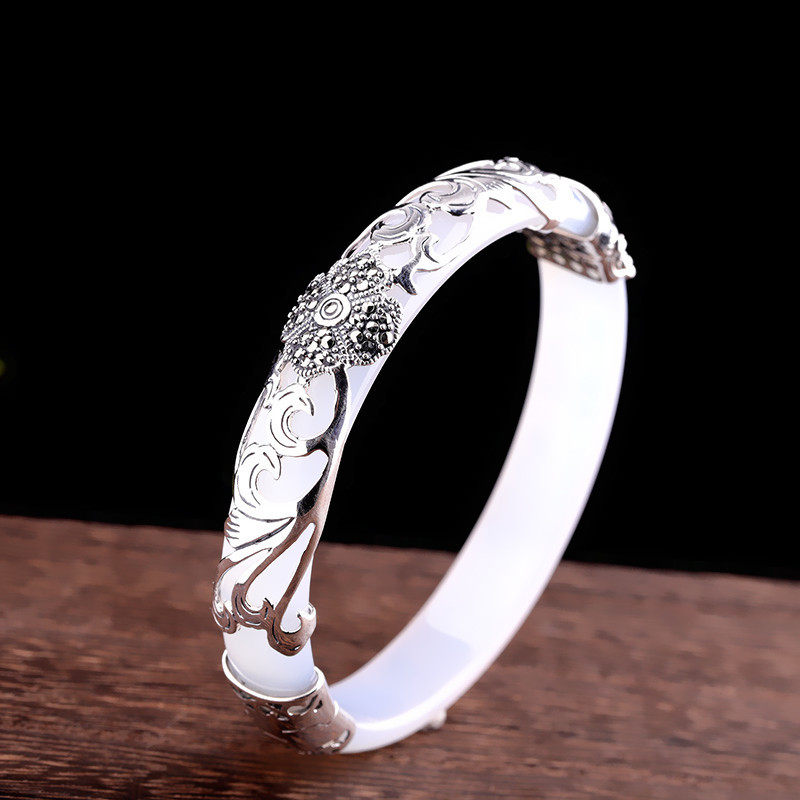 热销四叶草银手镯925纯银开口手镯_卡丹迪s925纯银泰国泰银白玉髓
