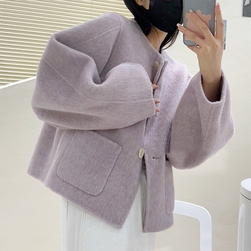 2022秋冬气质韩版手工羊毛大衣短款女宽松显瘦高级双面尼蚕丝外套