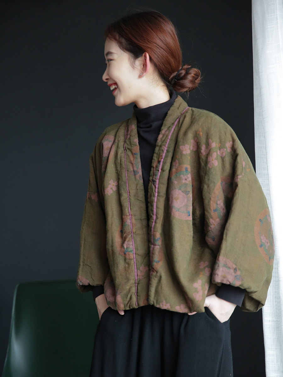 2021冬季新款棉麻棉衣女亚麻宽松对襟中式民族风印花棉服复古棉袄