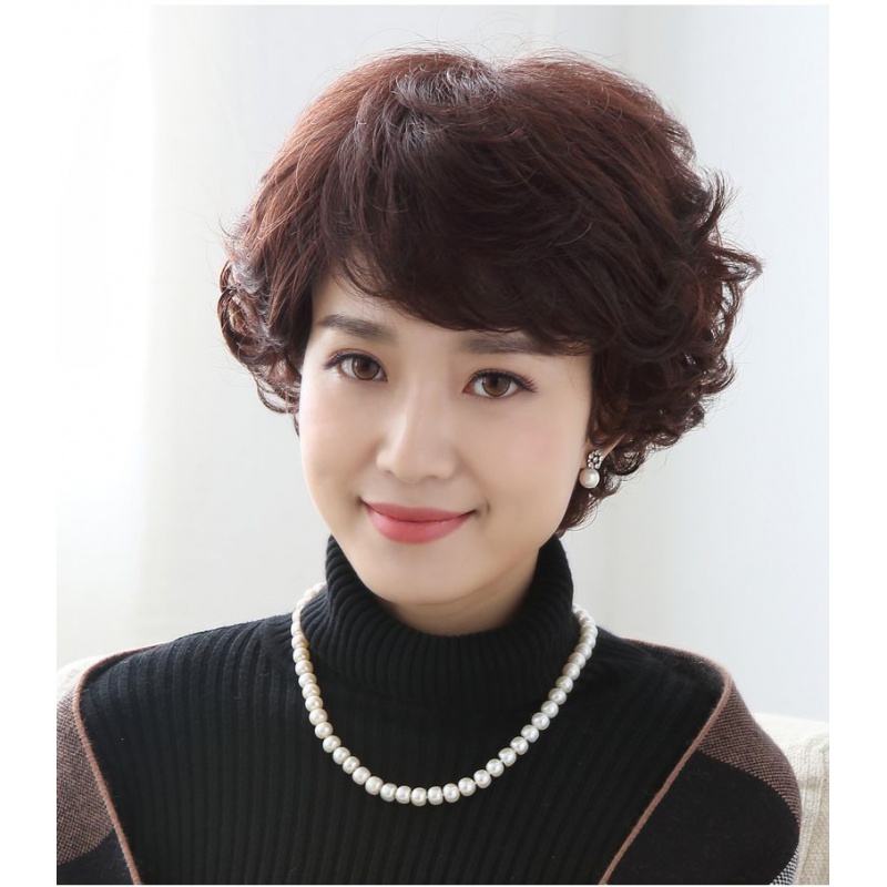 假发妈妈款短卷发时尚女士假发短发蓬松自然真人发丝中老年假发套