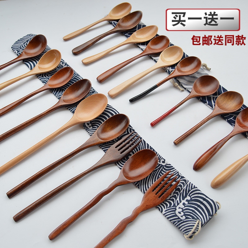 日式木勺餐具实木长柄勺吃饭用家用汤勺吃饭勺木头勺叉套装蜂蜜勺