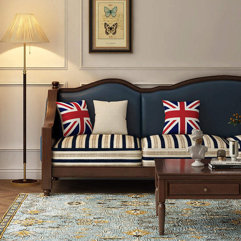 美式实木沙发复古l型转角轻奢皮沙发四人位贵妃组合欧式客厅家具