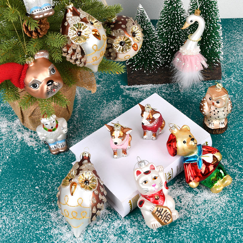 圣诞装饰玻璃彩绘猫头鹰天鹅小狗造型创意吊饰圣诞树布置小熊挂件